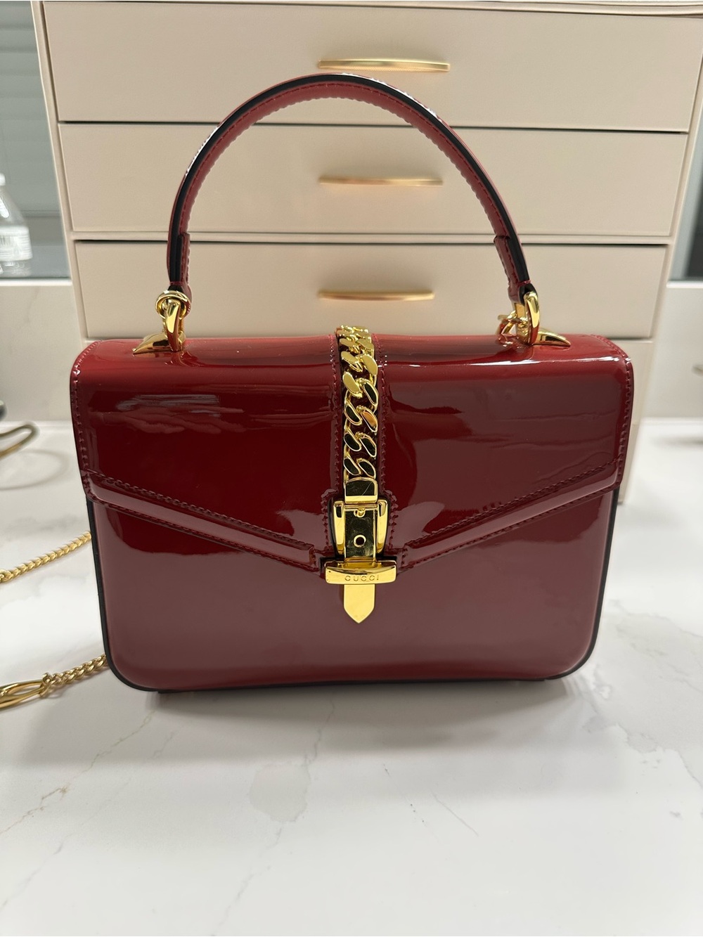 Gucci Red Patent Leather Top-Handle Bag with Gold Chain